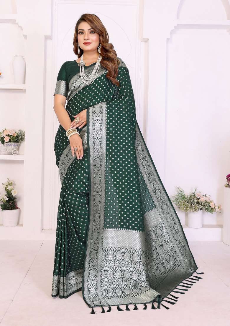 Green Woven Faux Georgette Saree Set for Diwali and Festive Wear - Indya