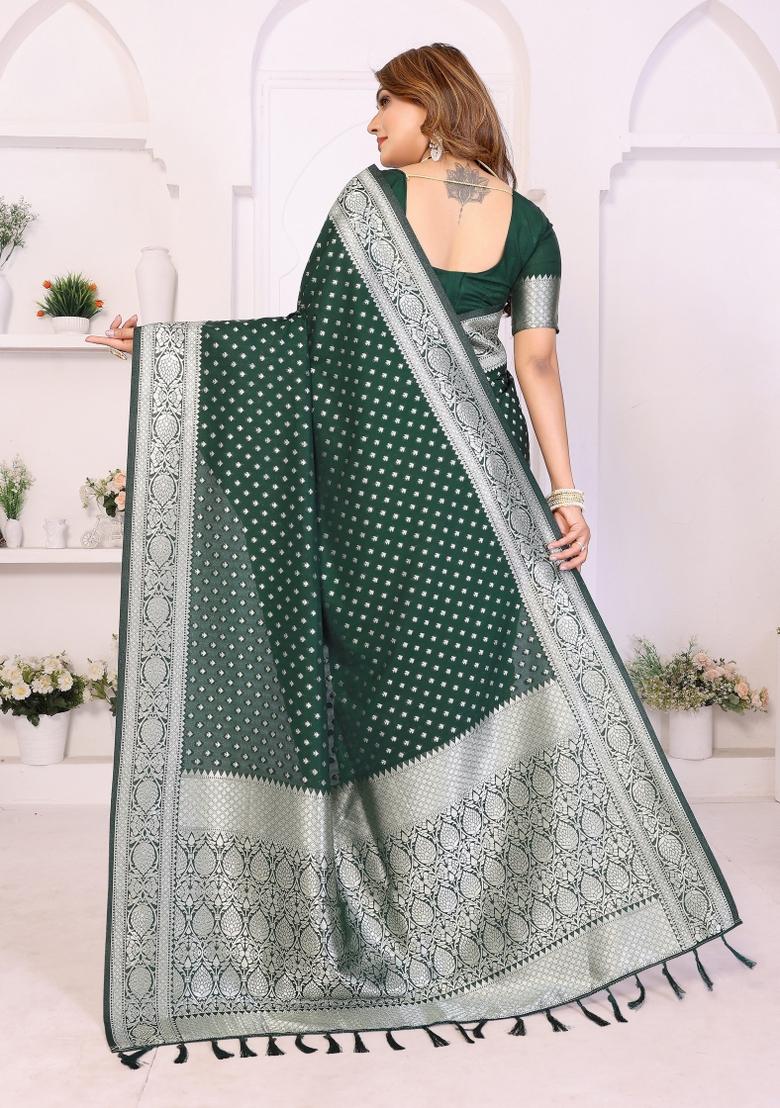 Green Woven Faux Georgette Saree Set - Indya