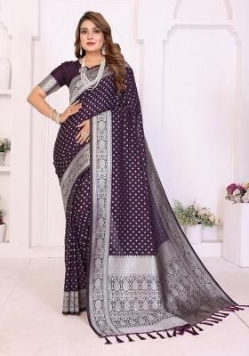 Violet Woven Faux Georgette Saree Set