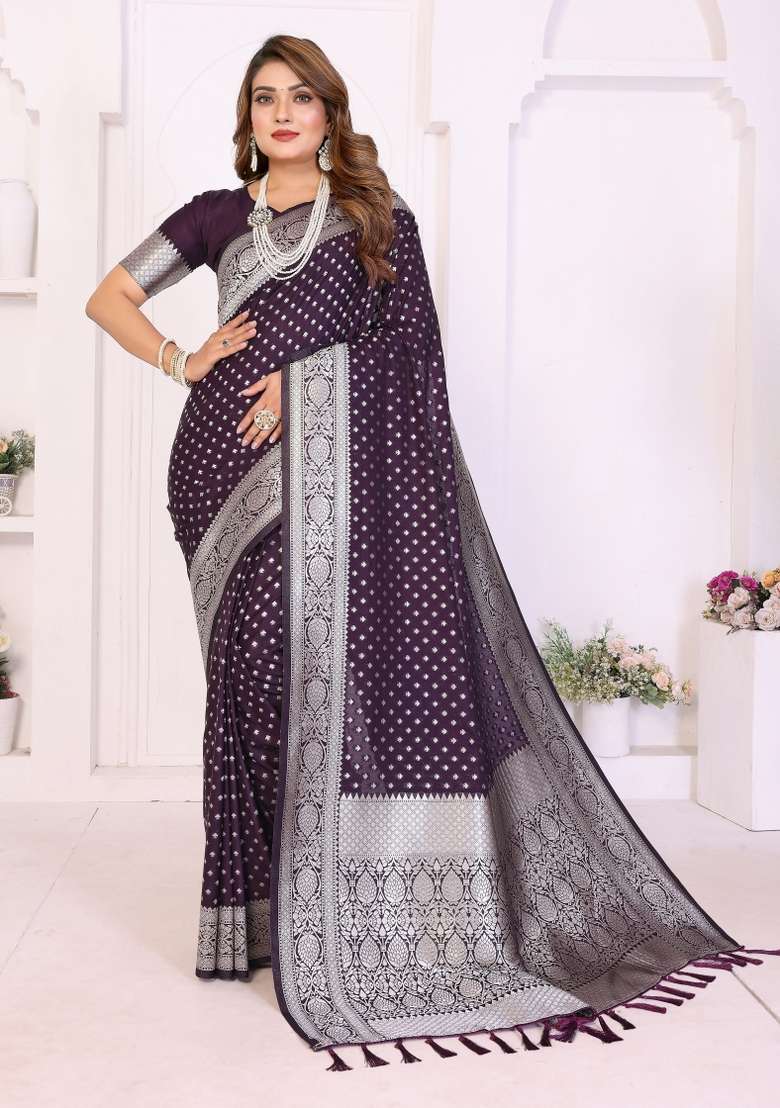 Violet Woven Faux Georgette Saree Set for Diwali | Wedding & Festive Wear - Indya