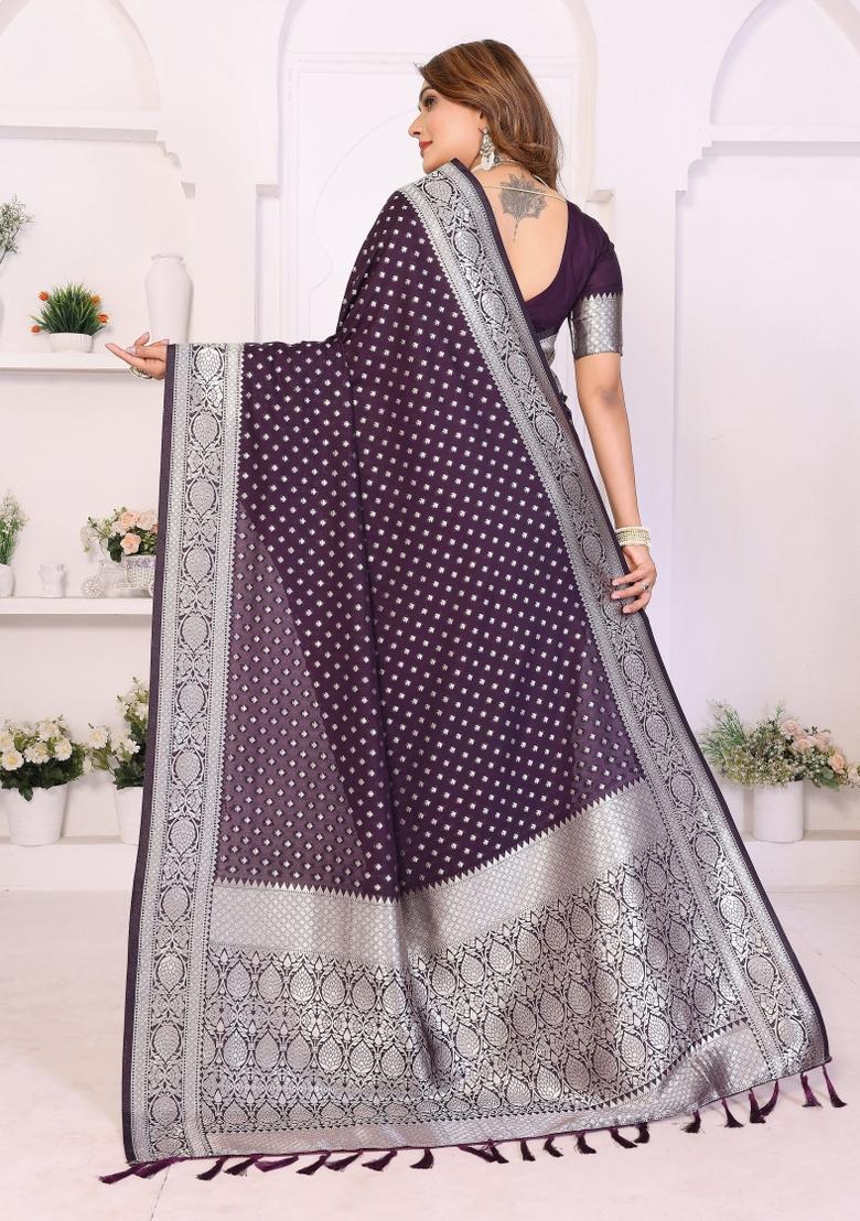 Violet Woven Faux Georgette Saree Set - Indya