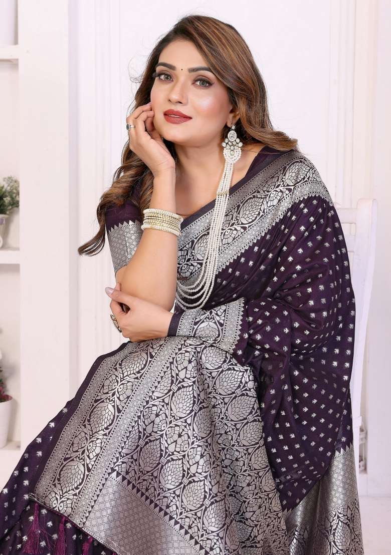 Violet Woven Faux Georgette Saree Set for Diwali | Wedding & Festive Wear - Indya