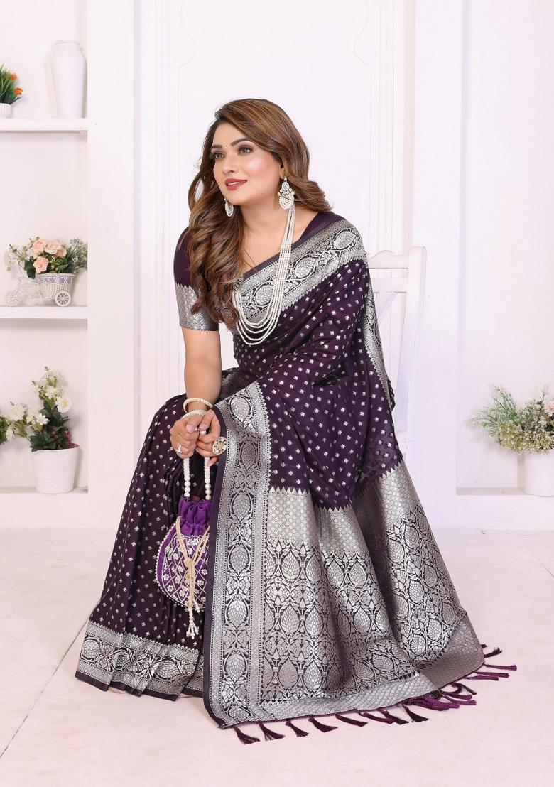 Violet Woven Faux Georgette Saree Set - Indya