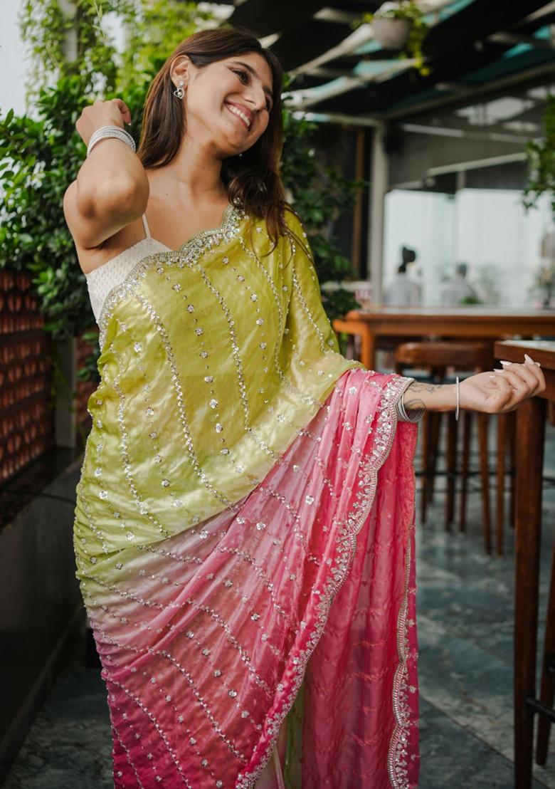 Green Embroidered Chiffon Saree Set - Indya