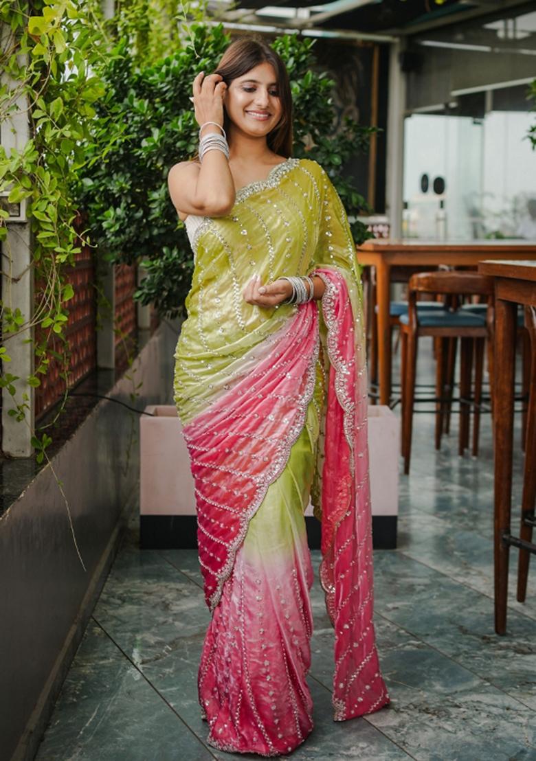 Green Embroidered Chiffon Saree Set - Indya