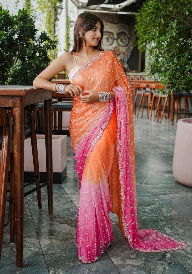 Orange Embroidered Chiffon Saree Set - Indya