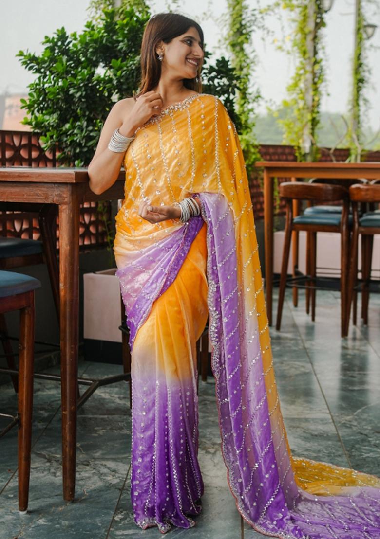 Yellow Embroidered Chiffon Saree Set - Indya