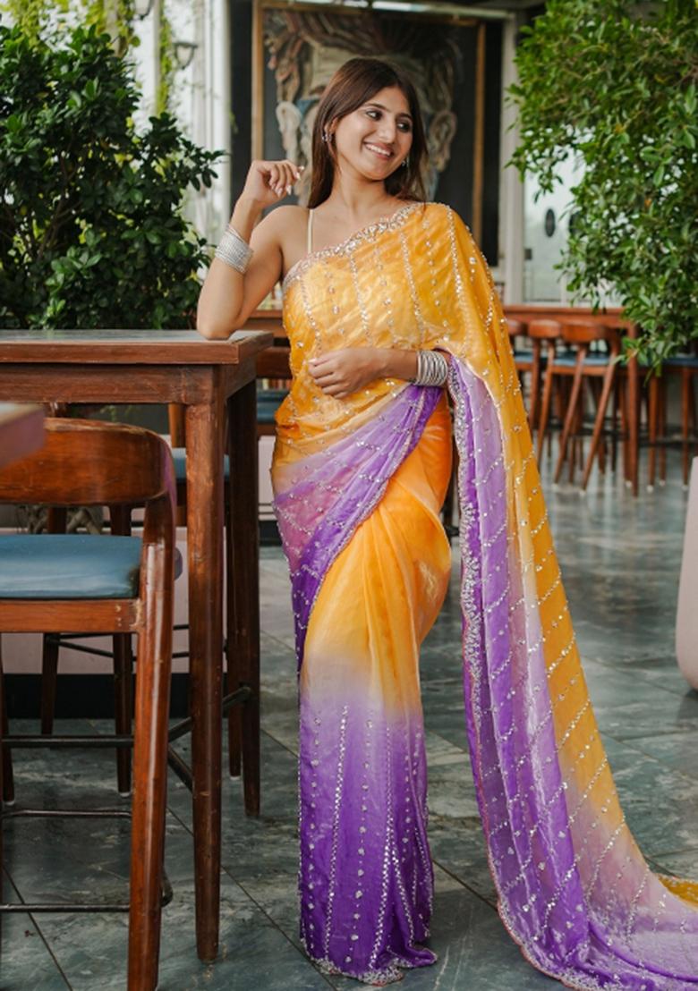 Yellow Embroidered Chiffon Saree Set - Indya