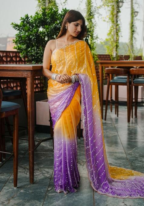 Yellow Embroidered Chiffon Saree Set