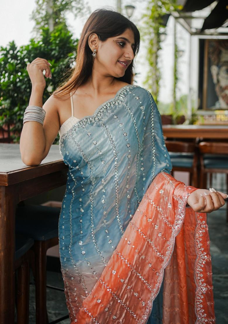 Blue Embroidered Chiffon Saree Set - Indya