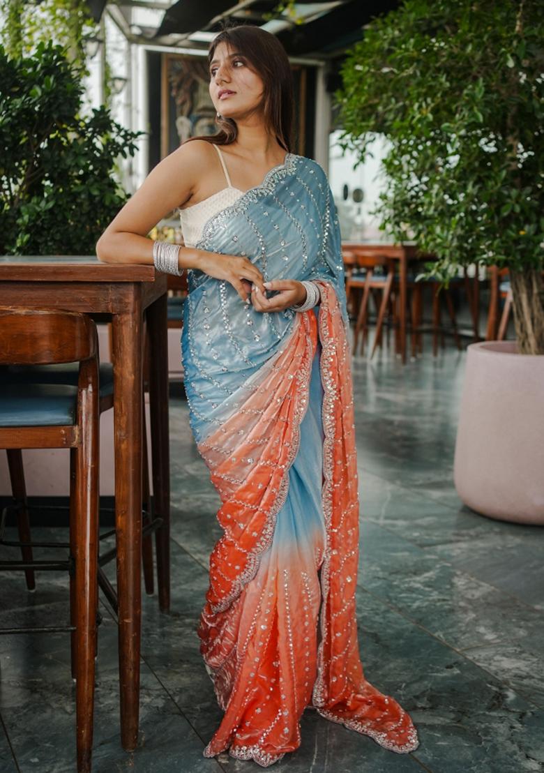 Blue Embroidered Chiffon Saree Set - Indya