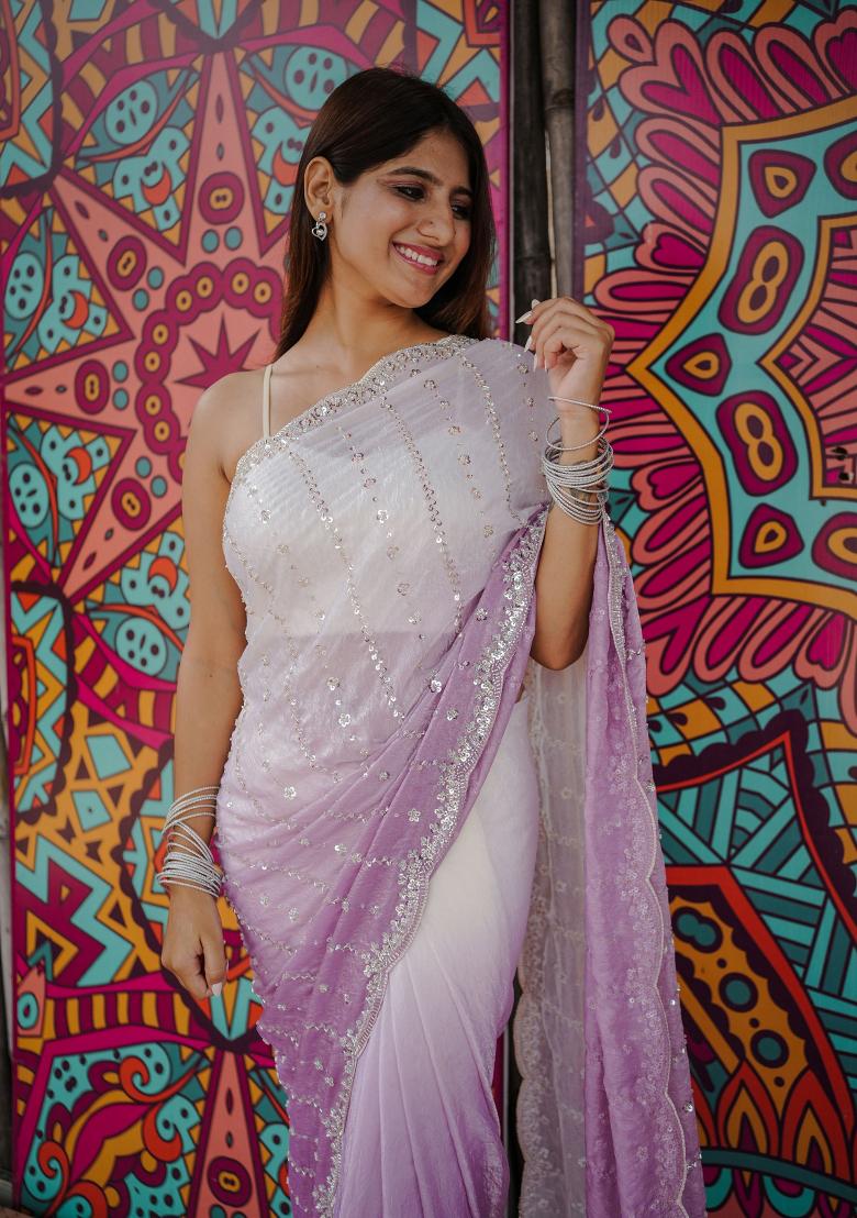 Purple Embroidered Chiffon Saree Set - Indya