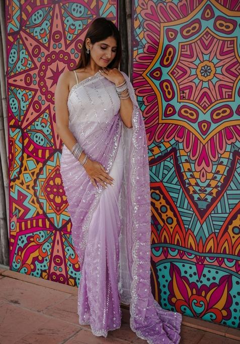 Purple Embroidered Chiffon Saree Set