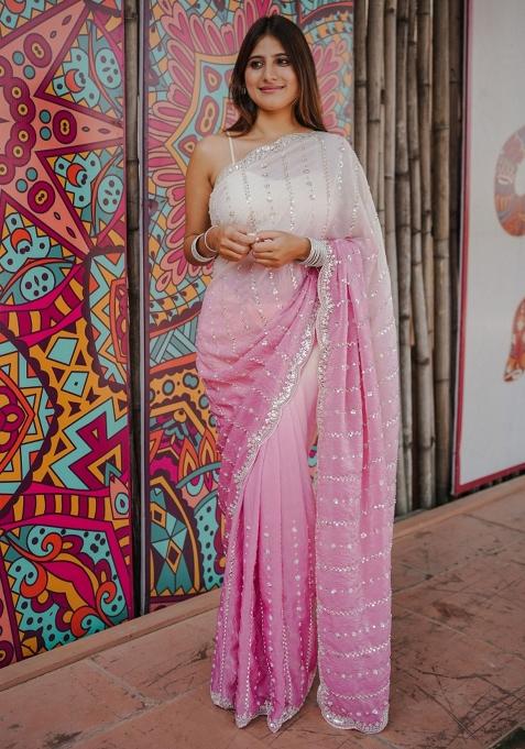 Pink Embroidered Chiffon Saree Set
