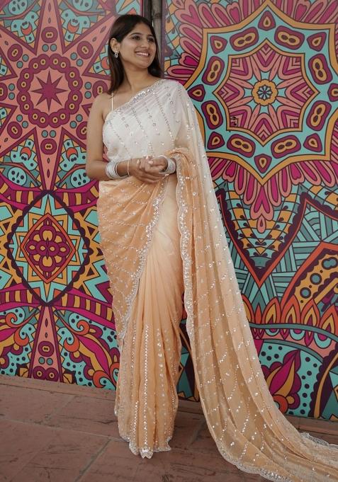Peach Embroidered Chiffon Saree Set