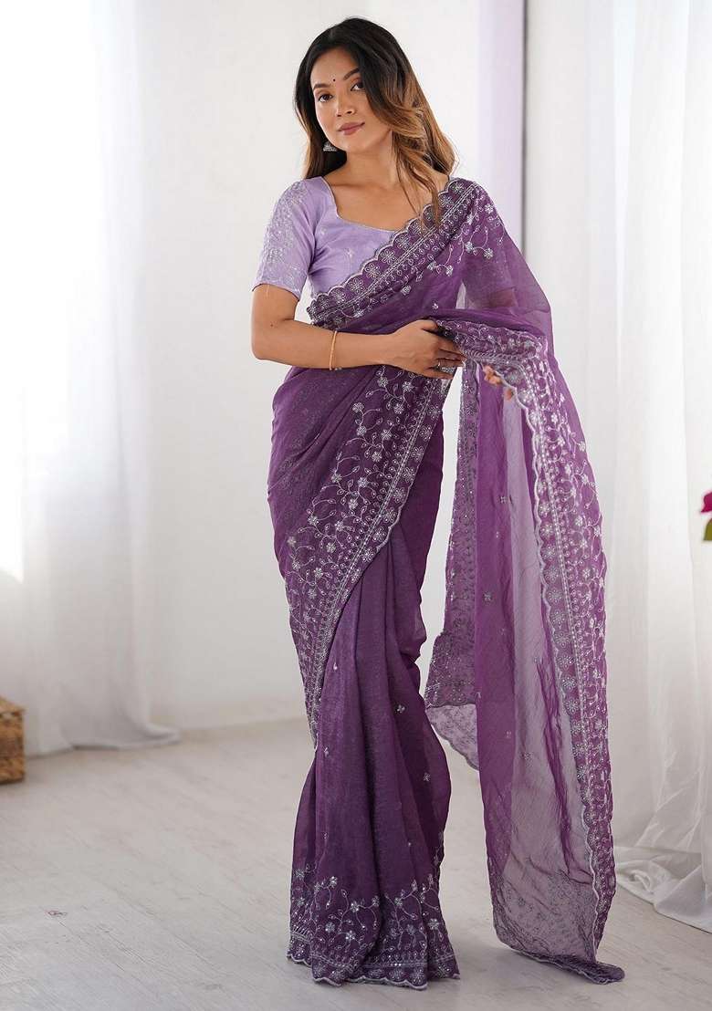 Lavender Art Silk Saree Set with Embroidered for Diwali | Wedding & Festive Wear - Indya