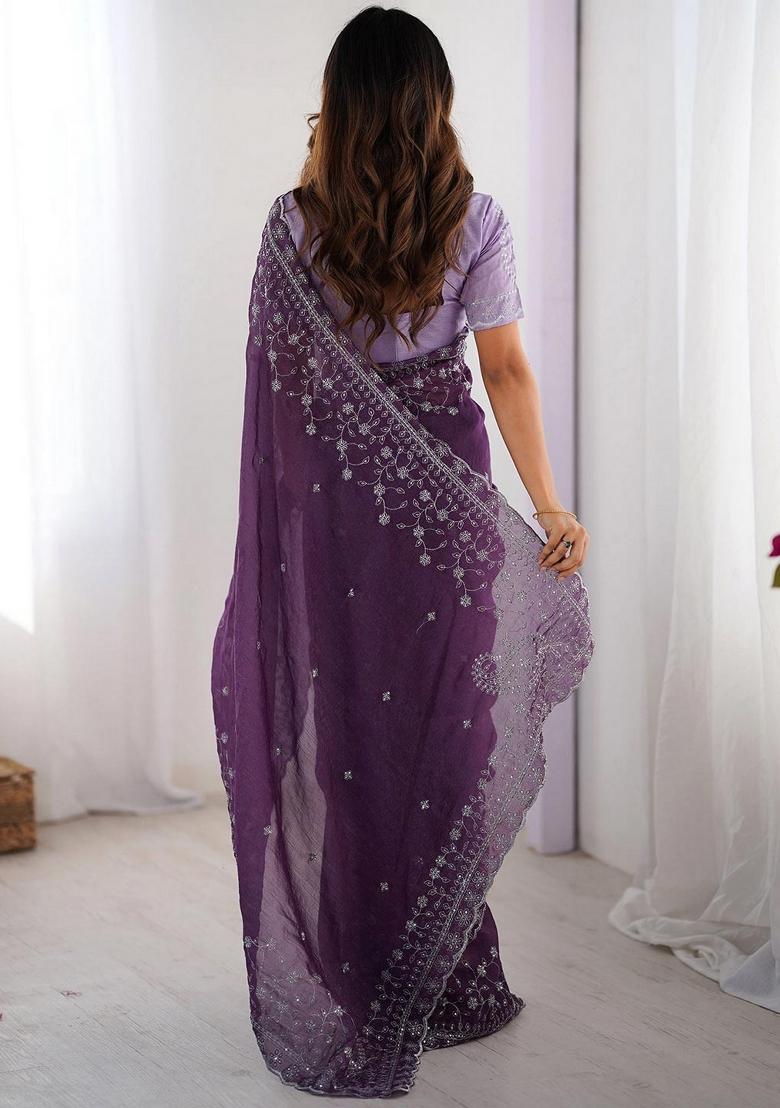 Lavender Embroidered Art Silk Saree Set - Indya