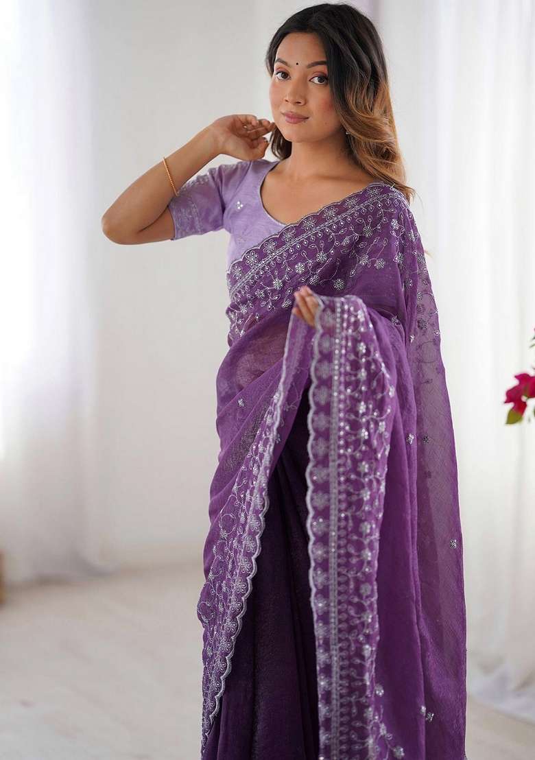 Lavender Art Silk Saree Set with Embroidered for Diwali | Wedding & Festive Wear - Indya