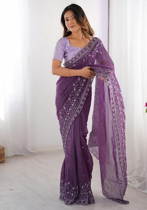 Lavender Embroidered Art Silk Saree Set
