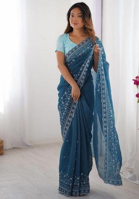 Blue Embroidered Art Silk Saree Set