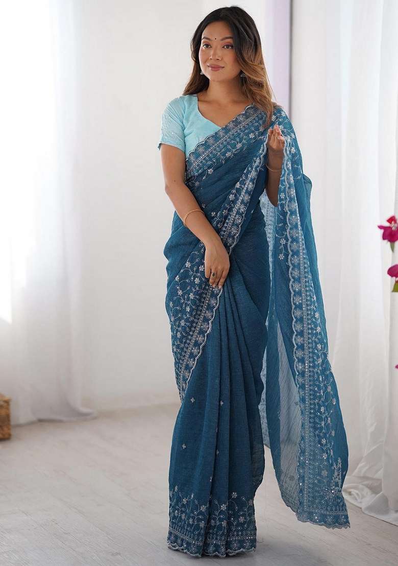 Blue Art Silk Saree Set with Embroidered for Diwali | Wedding & Festive Wear - Indya