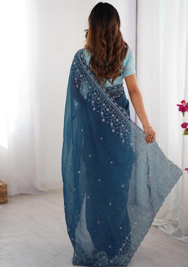 Blue Embroidered Art Silk Saree Set - Indya