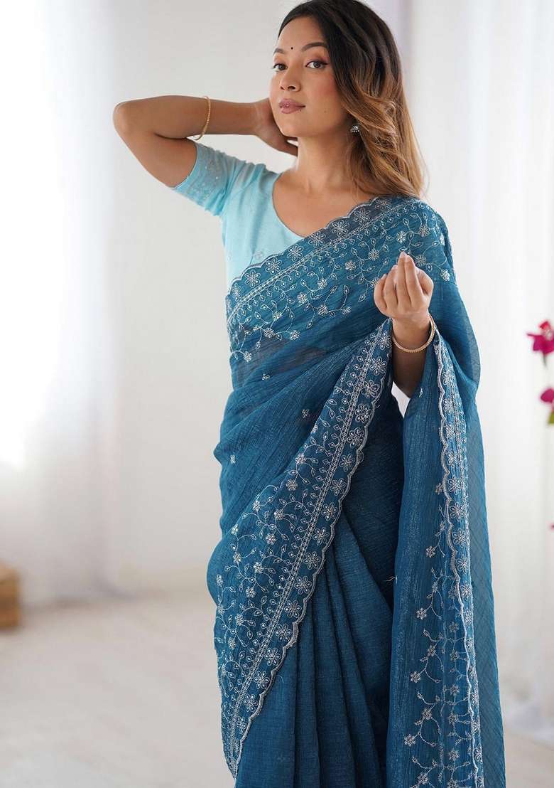 Blue Art Silk Saree Set with Embroidered for Diwali | Wedding & Festive Wear - Indya