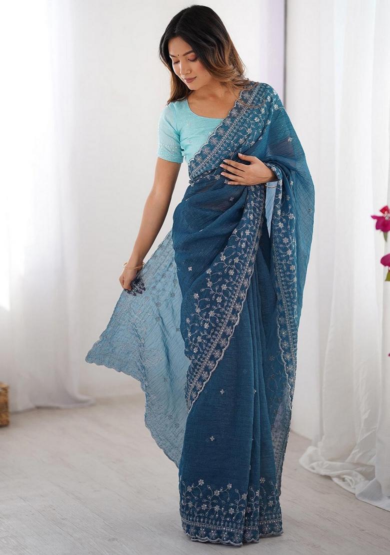 Blue Embroidered Art Silk Saree Set - Indya