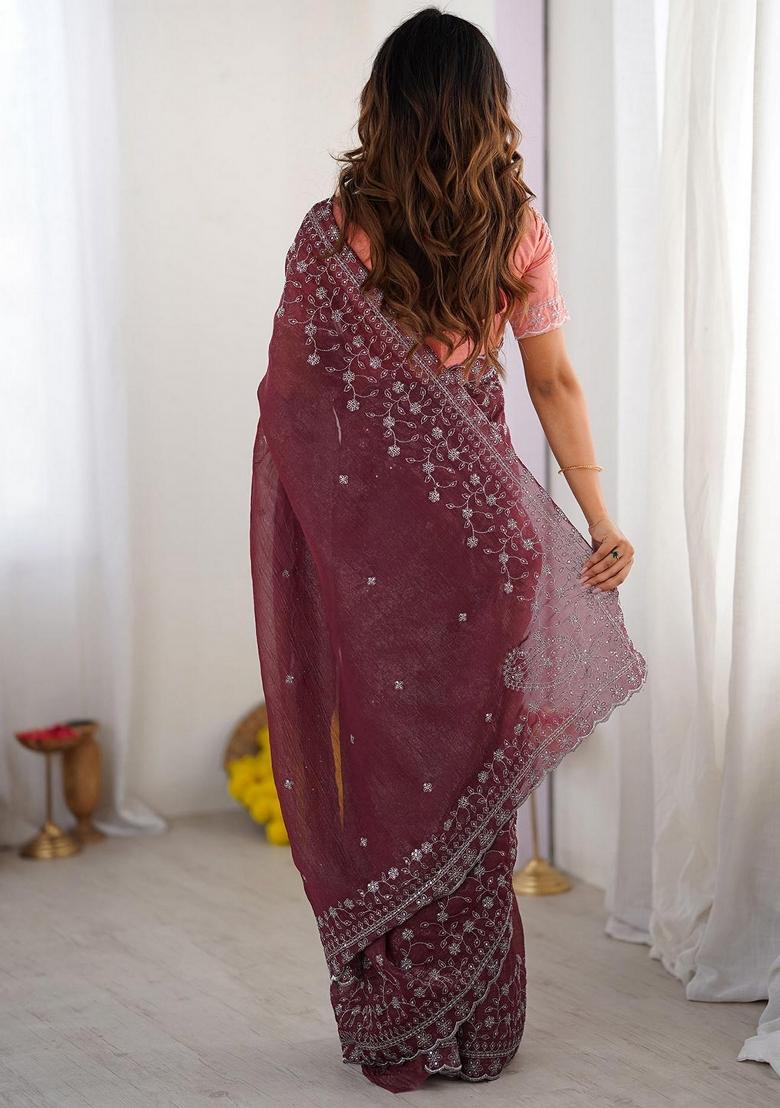 Wine Embroidered Art Silk Saree Set - Indya