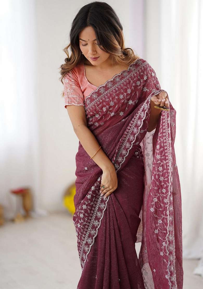 Wine Art Silk Saree Set with Embroidered for Diwali | Wedding & Festive Wear - Indya