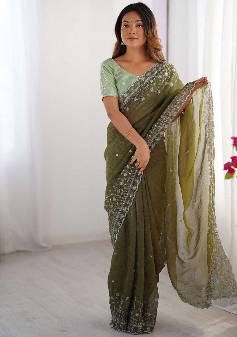 Green Art Silk Saree Set with Embroidered for Diwali | Wedding & Festive Wear - Indya
