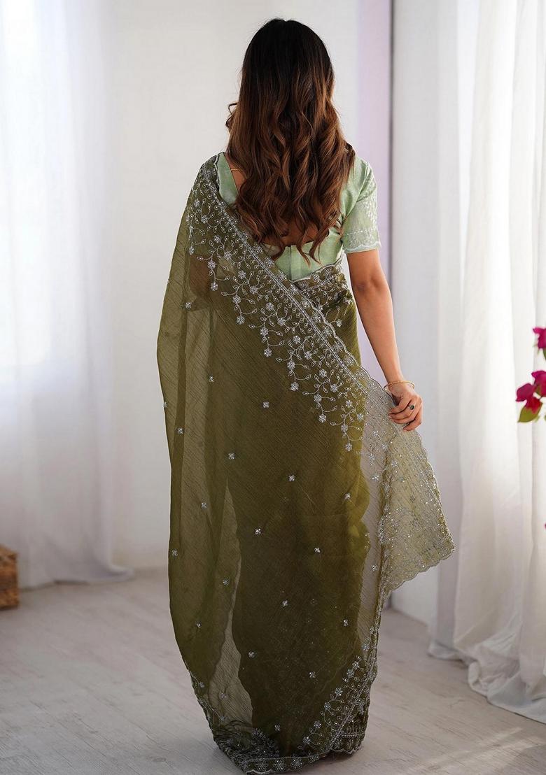 Green Embroidered Art Silk Saree Set - Indya