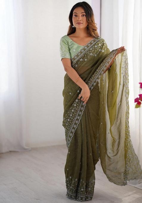 Green Embroidered Art Silk Saree Set