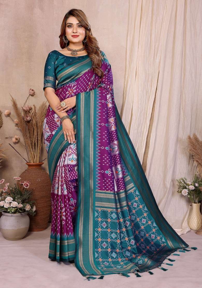 Purple Woven Silk Blend Saree Set for Diwali | Wedding & Festive Wear - Indya
