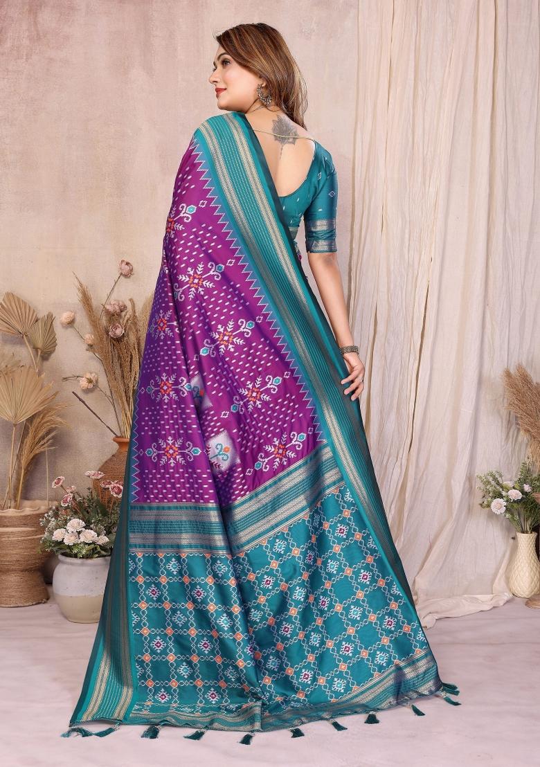 Purple Woven Silk Blend Saree Set - Indya