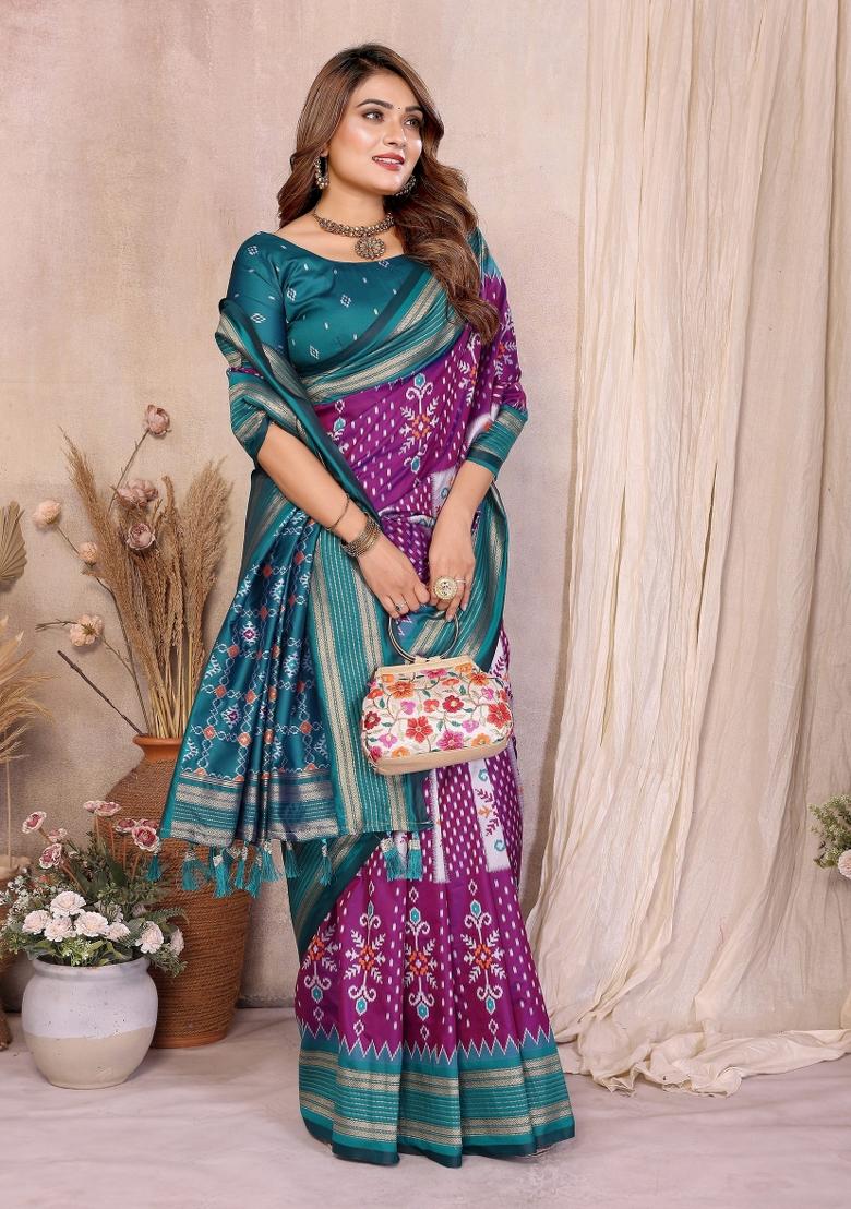 Purple Woven Silk Blend Saree Set - Indya