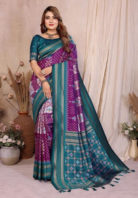 Purple Woven Silk Blend Saree Set