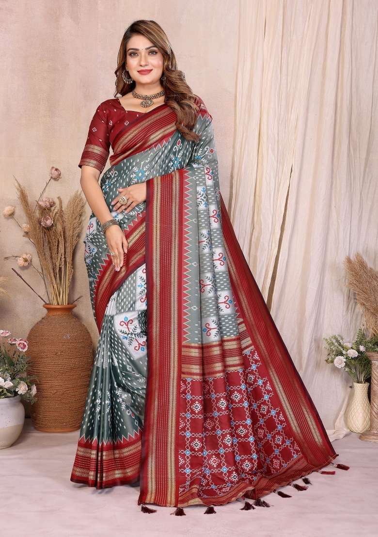 Grey Woven Silk Blend Saree Set for Diwali and Festive Wear - Indya