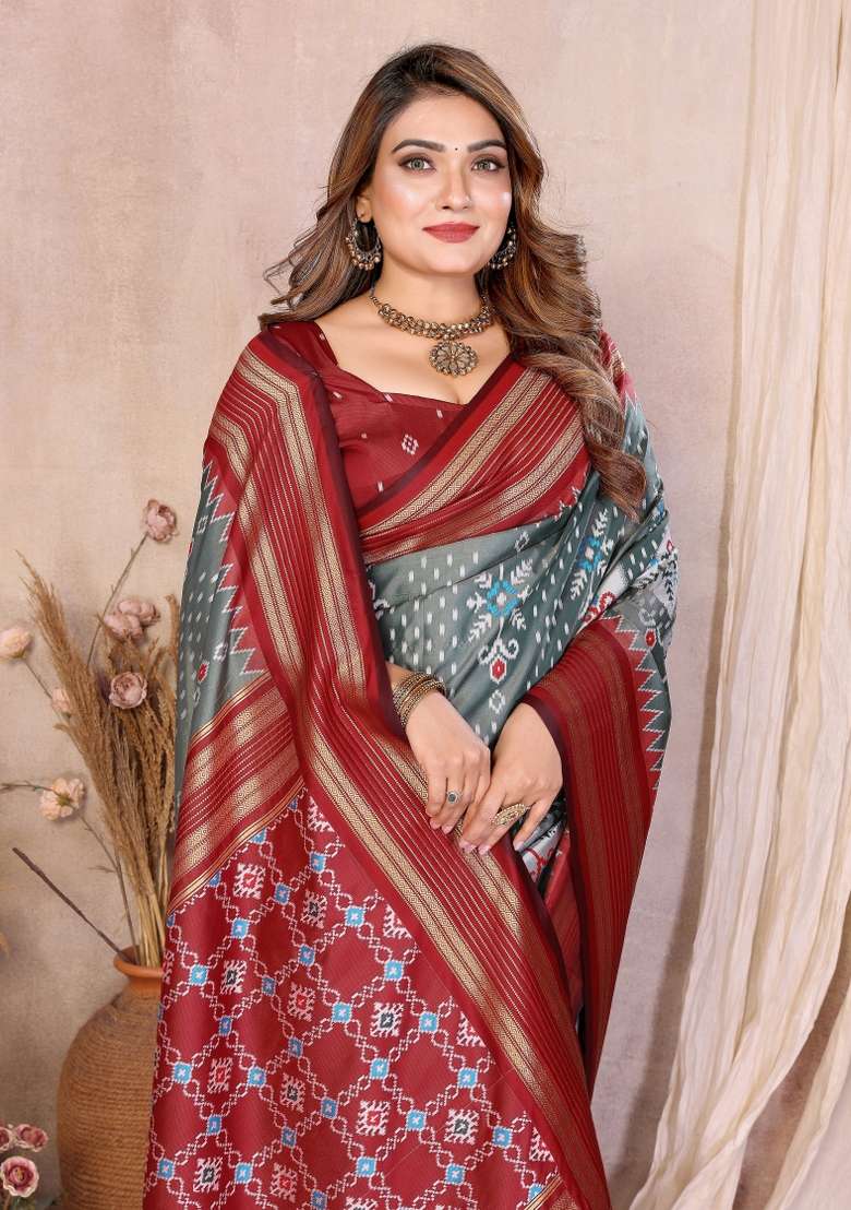 Grey Woven Silk Blend Saree Set for Diwali and Festive Wear - Indya