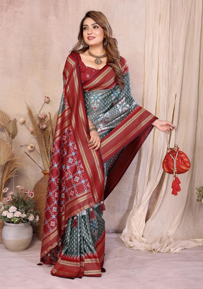 Grey Woven Silk Blend Saree Set - Indya