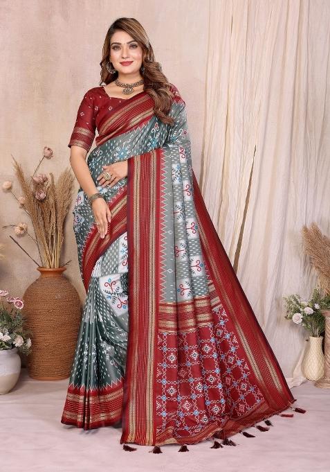 Grey Woven Silk Blend Saree Set