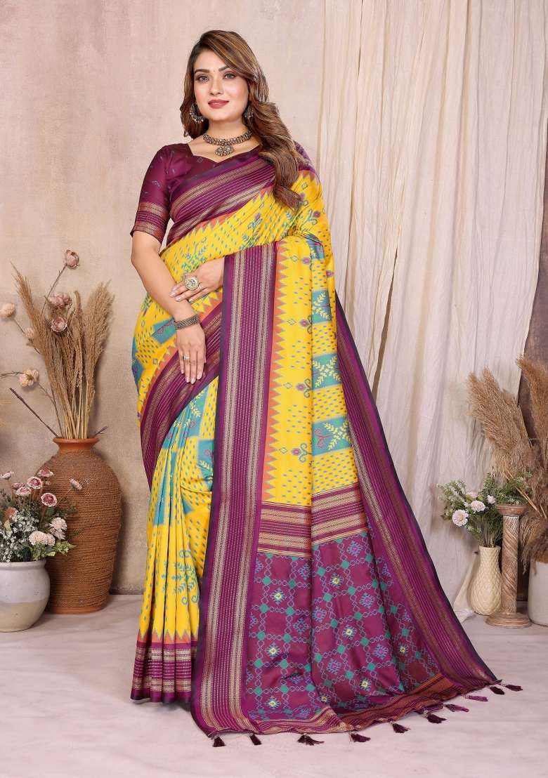 Yellow Woven Silk Blend Saree Set for Diwali | Wedding & Festive Wear - Indya