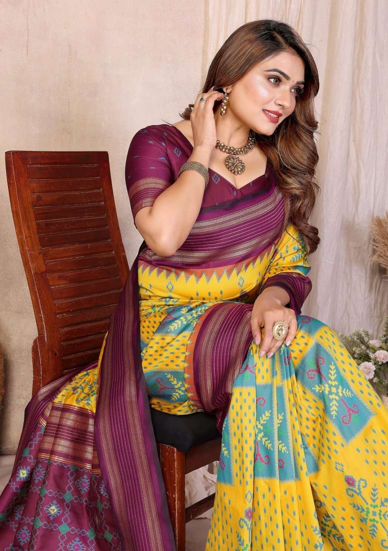 Yellow Woven Silk Blend Saree Set for Diwali | Wedding & Festive Wear - Indya