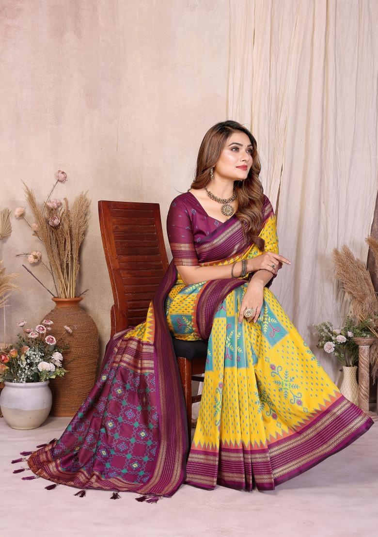 Yellow Woven Silk Blend Saree Set - Indya