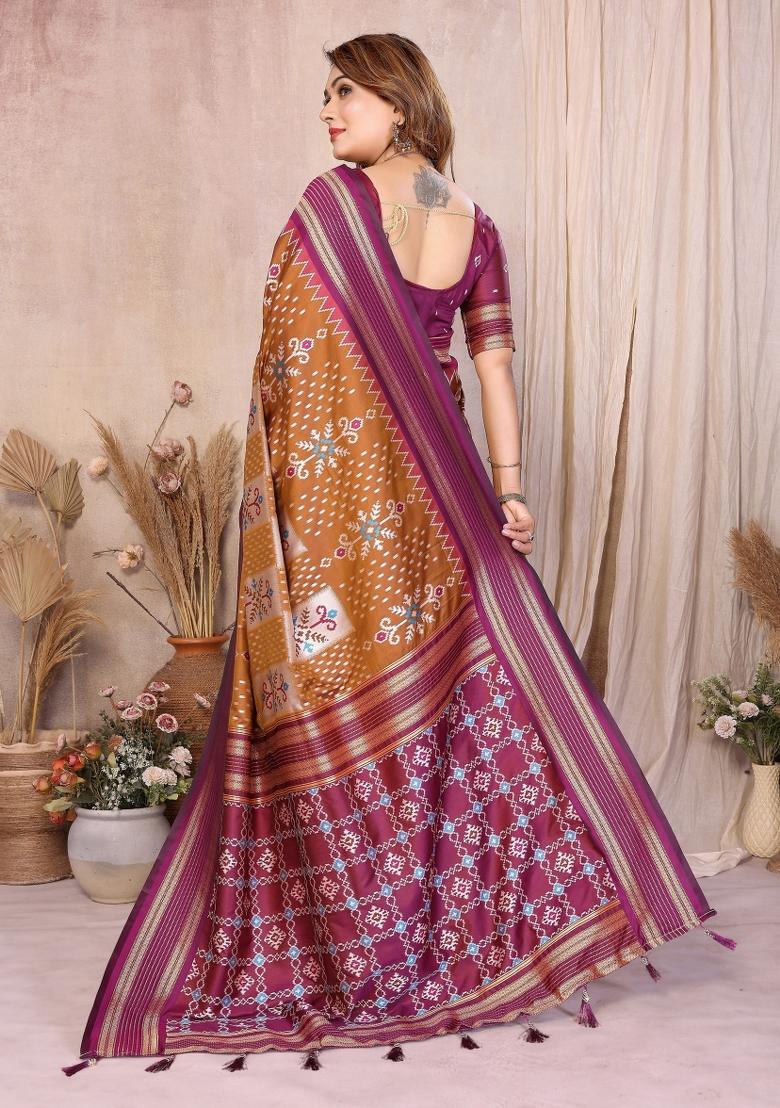 Mustard Woven Silk Blend Saree Set - Indya