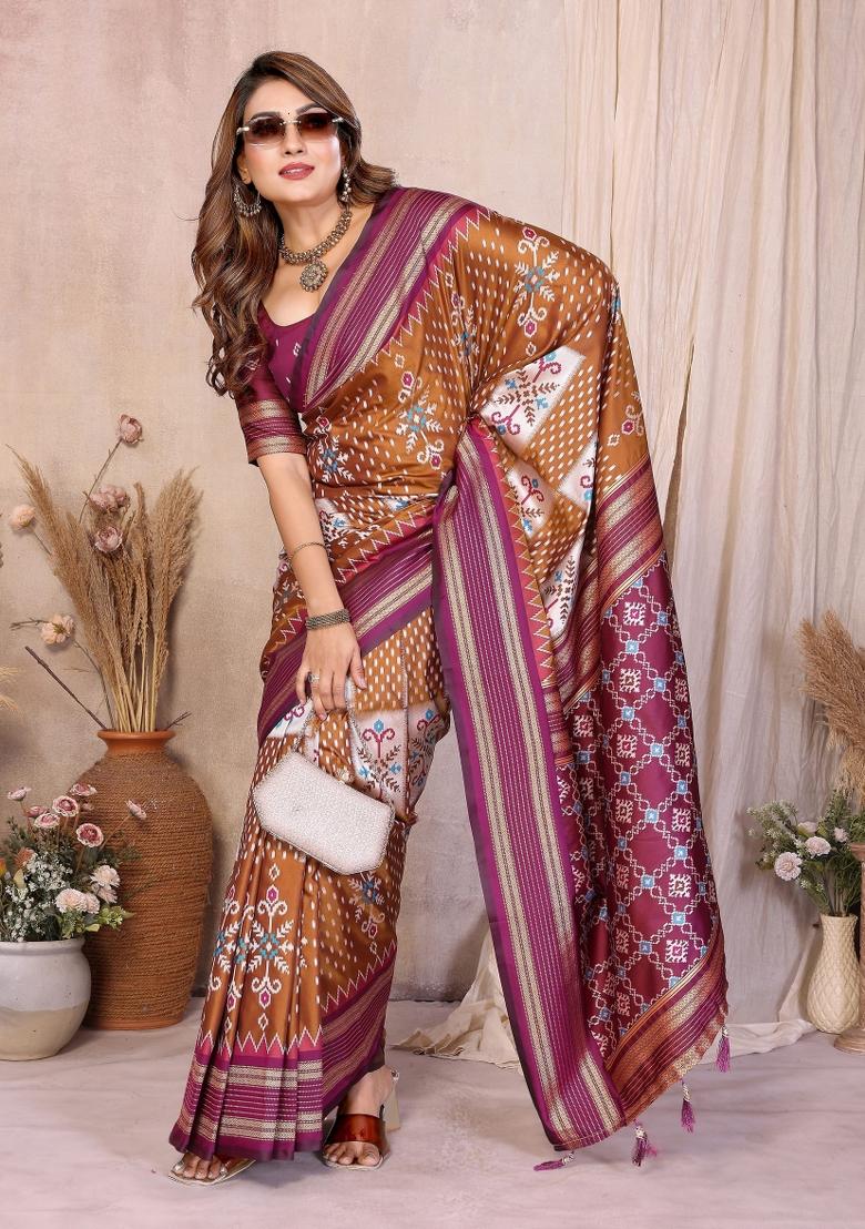Mustard Woven Silk Blend Saree Set - Indya