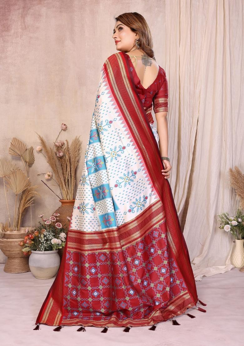 Off White Woven Silk Blend Saree Set - Indya