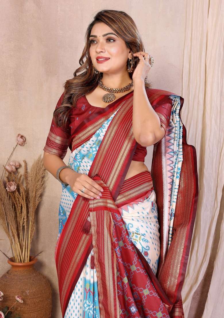Off White Woven Silk Blend Saree Set for Diwali and Festive Wear - Indya