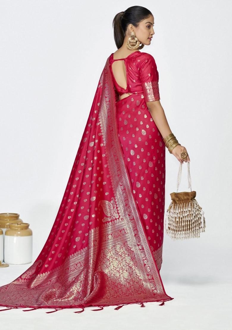 Pink Woven Silk Blend Saree Set - Indya