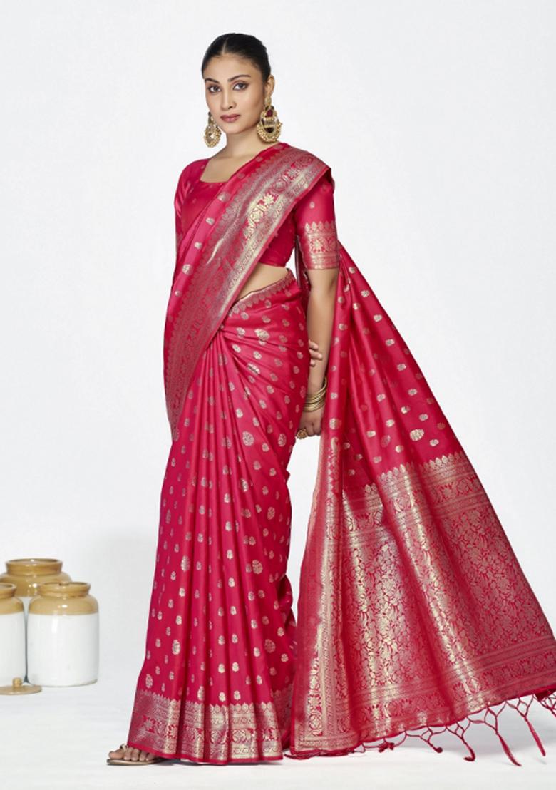 Pink Woven Silk Blend Saree Set - Indya